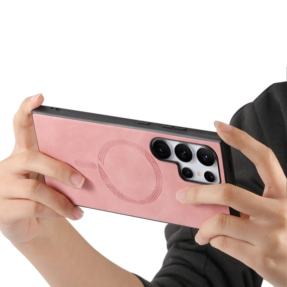For Samsung Galaxy S25+ 5G Solid Color Retro Magsafe PU Back Cover Phone Case(Pink)
