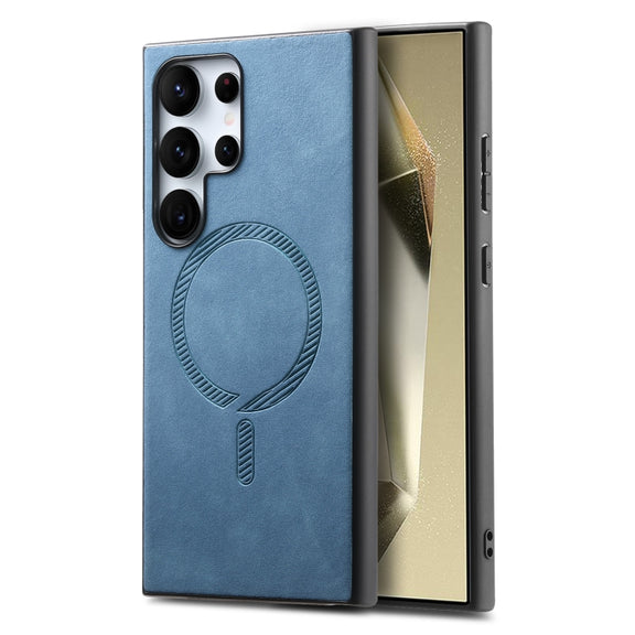For Samsung Galaxy S25 Ultra 5G Solid Color Retro Magsafe PU Back Cover Phone Case(Blue)