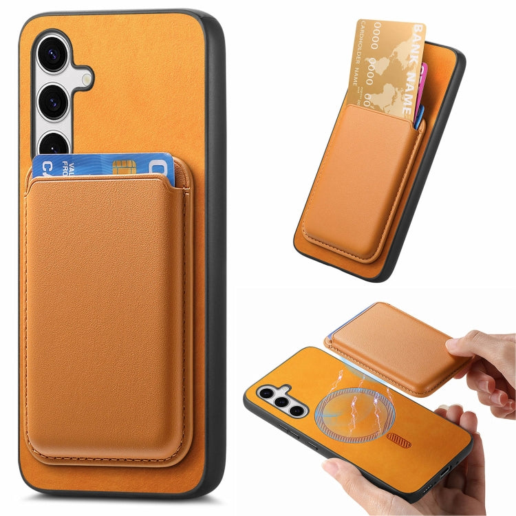 For Samsung Galaxy S25 5G Retro Magsafe Card Bag PU Back Cover Phone Case(Yellow)