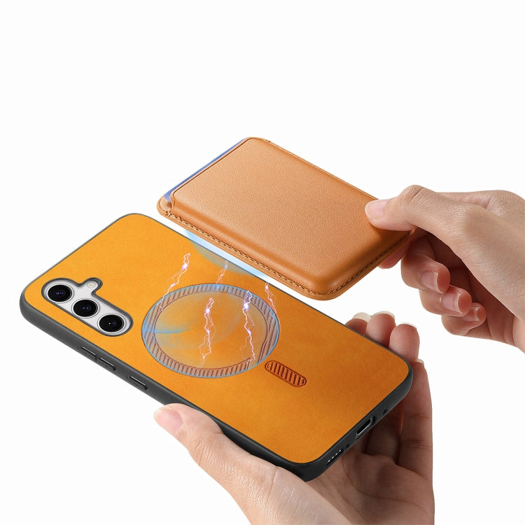 For Samsung Galaxy S25 5G Retro Magsafe Card Bag PU Back Cover Phone Case(Yellow)