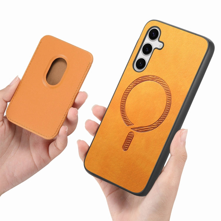 For Samsung Galaxy S25 5G Retro Magsafe Card Bag PU Back Cover Phone Case(Yellow)