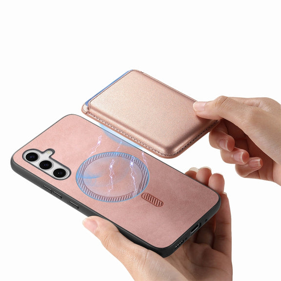 For Samsung Galaxy S25 5G Retro Magsafe Card Bag PU Back Cover Phone Case(Pink)