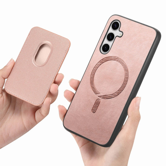 For Samsung Galaxy S25 5G Retro Magsafe Card Bag PU Back Cover Phone Case(Pink)