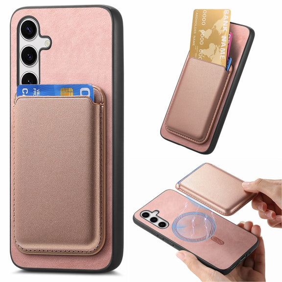 For Samsung Galaxy S25 5G Retro Magsafe Card Bag PU Back Cover Phone Case(Pink)