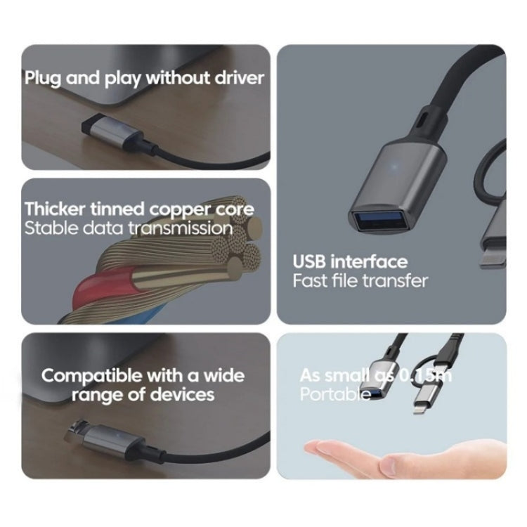JS-112 2 in 1 USB Male to USB-C / Type-C / 8 Pin OTG Adapter Cable, Length: 15cm(Silver)