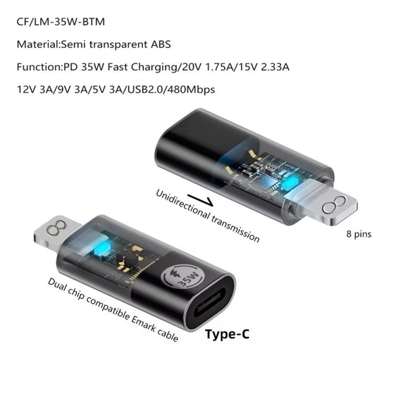 Type-C Male to 8 Pin Female 35W Data Transmission Charging Converter Adapter