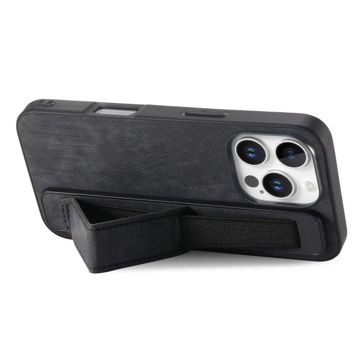 For iPhone 16 Pro Retro Wristband Holder Leather Back Phone Case(Black)