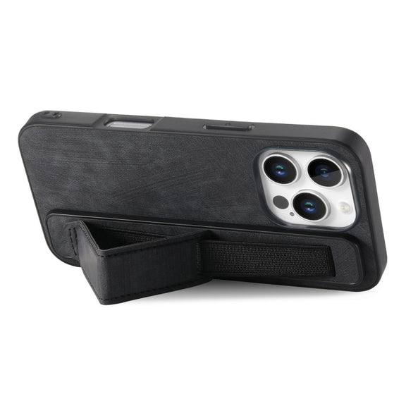For iPhone 16 Pro Retro Wristband Holder Leather Back Phone Case(Black)