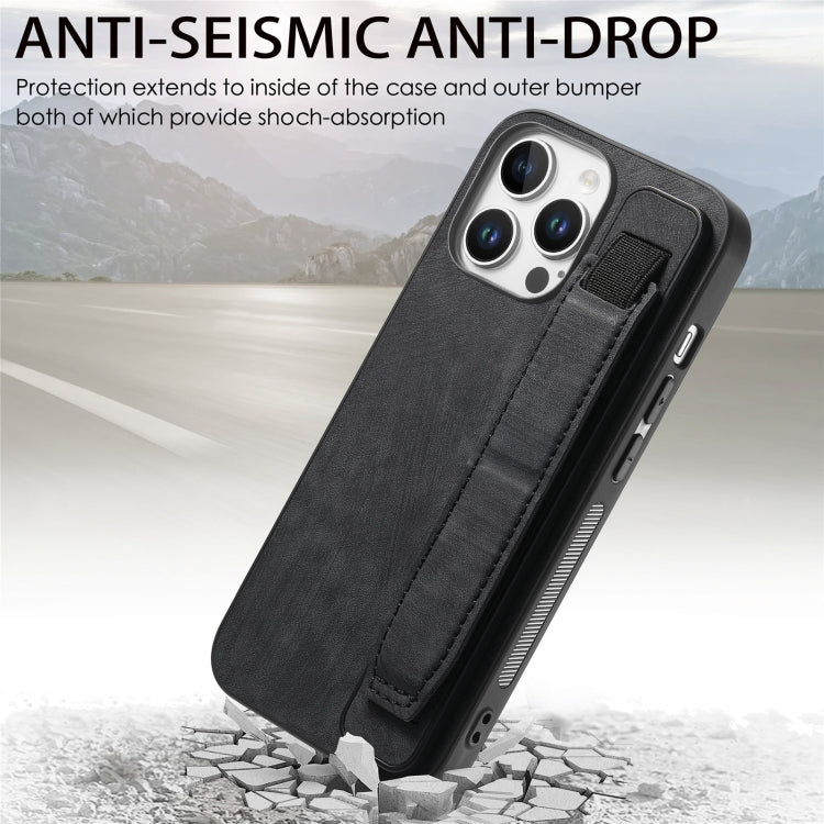 For iPhone 16 Pro Retro Wristband Holder Leather Back Phone Case(Black)