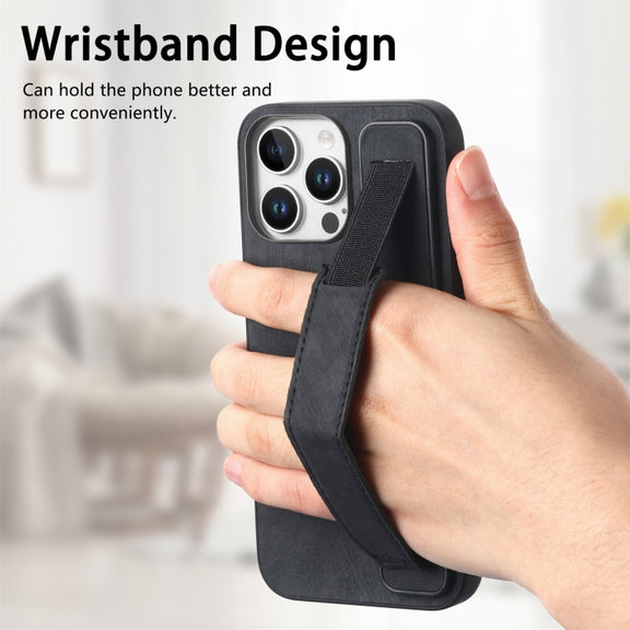 For iPhone 16 Pro Retro Wristband Holder Leather Back Phone Case(Black)