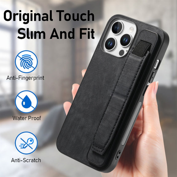 For iPhone 16 Pro Retro Wristband Holder Leather Back Phone Case(Black)