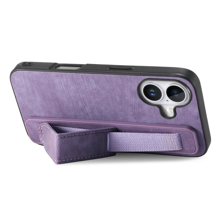 For iPhone 16 Plus Retro Wristband Holder Leather Back Phone Case(Purple)