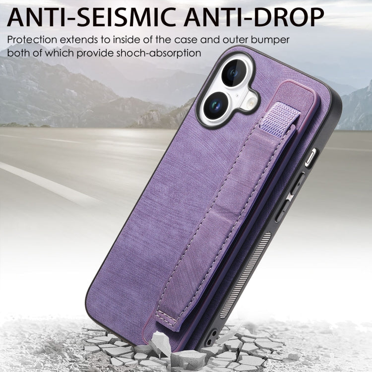 For iPhone 16 Plus Retro Wristband Holder Leather Back Phone Case(Purple)