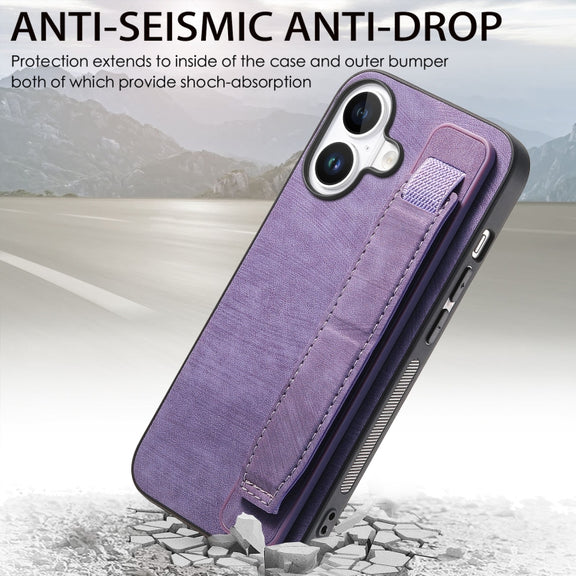For iPhone 16 Plus Retro Wristband Holder Leather Back Phone Case(Purple)