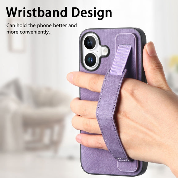 For iPhone 16 Plus Retro Wristband Holder Leather Back Phone Case(Purple)