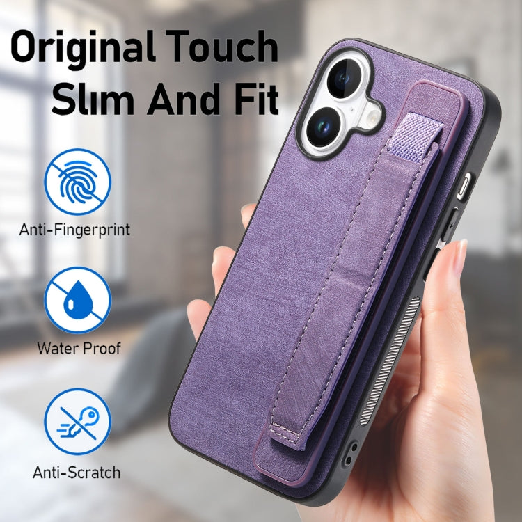 For iPhone 16 Plus Retro Wristband Holder Leather Back Phone Case(Purple)