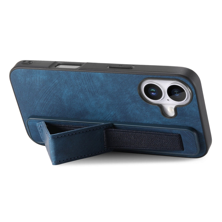 For iPhone 16 Retro Wristband Holder Leather Back Phone Case(Blue)