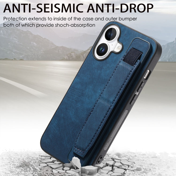 For iPhone 16 Retro Wristband Holder Leather Back Phone Case(Blue)