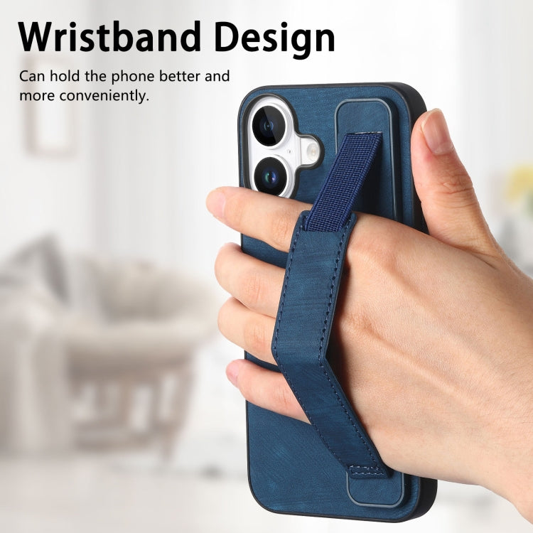For iPhone 16 Retro Wristband Holder Leather Back Phone Case(Blue)