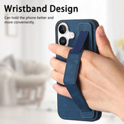 For iPhone 16 Retro Wristband Holder Leather Back Phone Case(Blue)