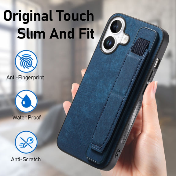 For iPhone 16 Retro Wristband Holder Leather Back Phone Case(Blue)