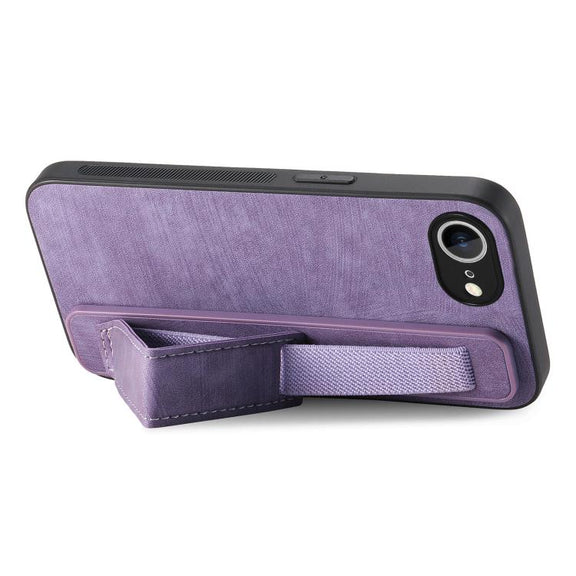 For iPhone 16e Retro Wristband Holder Leather Back Phone Case(Purple)