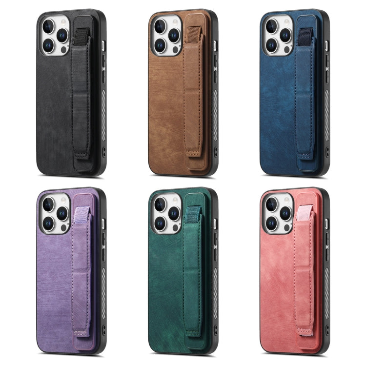 For iPhone 16 Retro Wristband Holder Leather Back Phone Case(Blue)