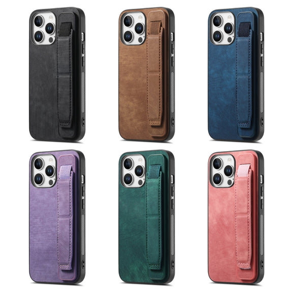 For iPhone 16 Retro Wristband Holder Leather Back Phone Case(Blue)