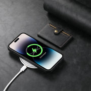 For iPhone 15 Plus Suteni M1 Oil Wax MagSafe Detachable Horizontal Card Bag Phone Case(Black)