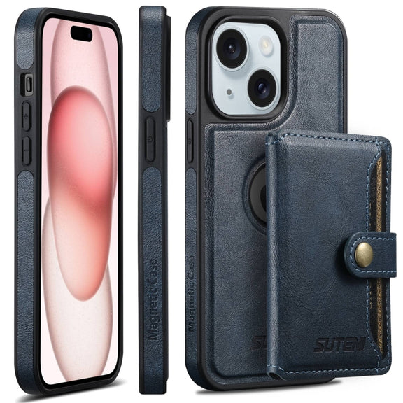 For iPhone 15 Plus Suteni M1 Oil Wax MagSafe Detachable Horizontal Card Bag Phone Case(Blue)