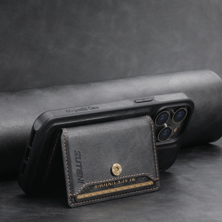 For iPhone 14 Plus Suteni M1 Oil Wax MagSafe Detachable Horizontal Card Bag Phone Case(Black)