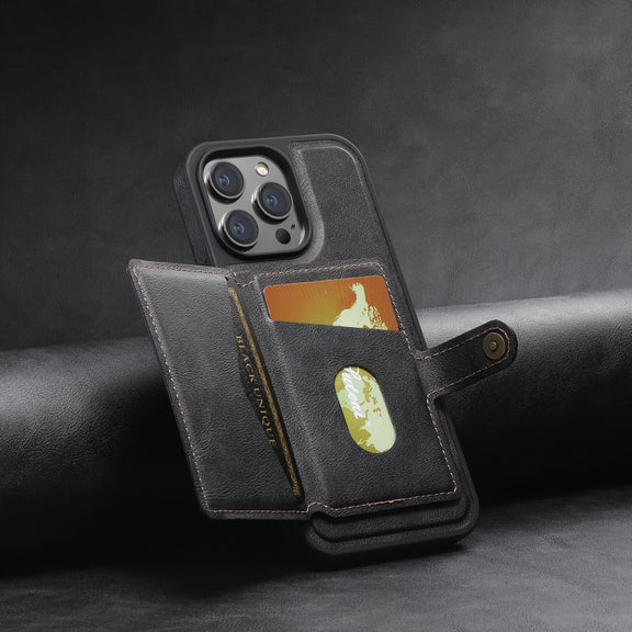 For iPhone 14 Plus Suteni M1 Oil Wax MagSafe Detachable Horizontal Card Bag Phone Case(Black)