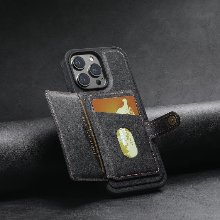For iPhone 14 Plus Suteni M1 Oil Wax MagSafe Detachable Horizontal Card Bag Phone Case(Black)