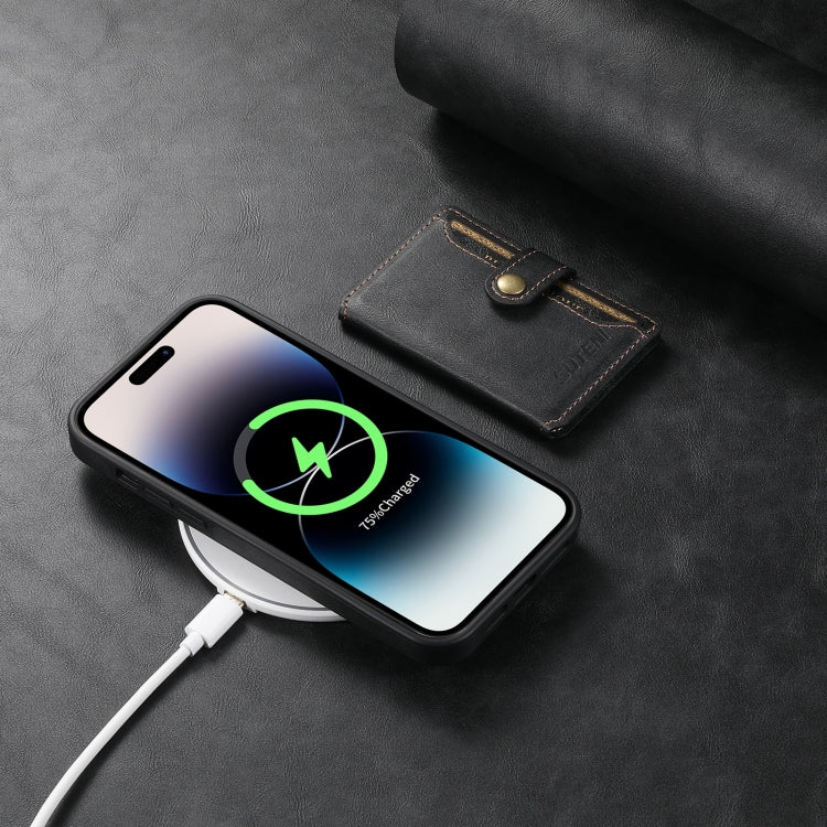 For iPhone 14 Plus Suteni M1 Oil Wax MagSafe Detachable Horizontal Card Bag Phone Case(Black)