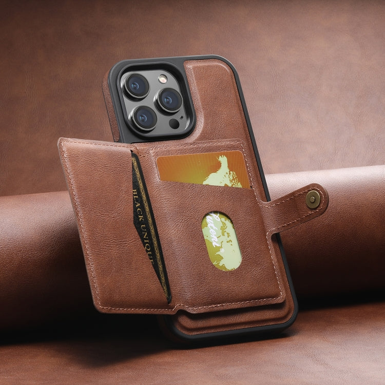 For iPhone 14 Plus Suteni M1 Oil Wax MagSafe Detachable Horizontal Card Bag Phone Case(Brown)