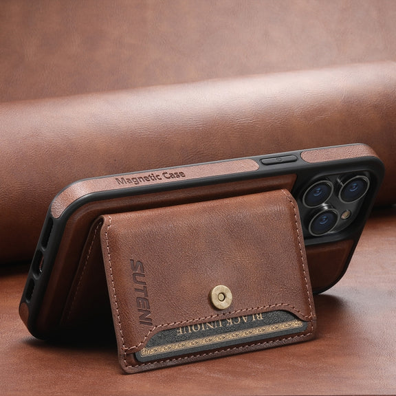 For iPhone 14 Pro Max Suteni M1 Oil Wax MagSafe Detachable Horizontal Card Bag Phone Case(Brown)