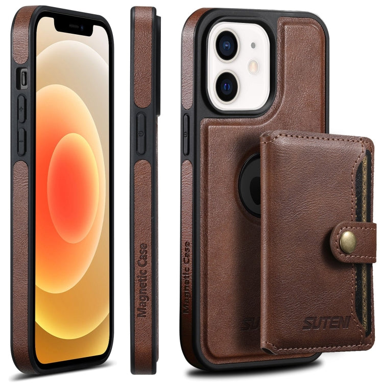 For iPhone 12  Suteni M1 Oil Wax MagSafe Detachable Horizontal Card Bag Phone Case(Brown)
