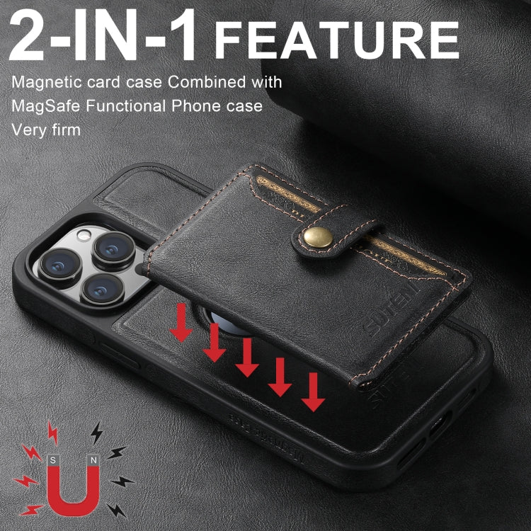 For iPhone 16 Pro Suteni M1 Oil Wax MagSafe Detachable Horizontal Card Bag Phone Case(Black)