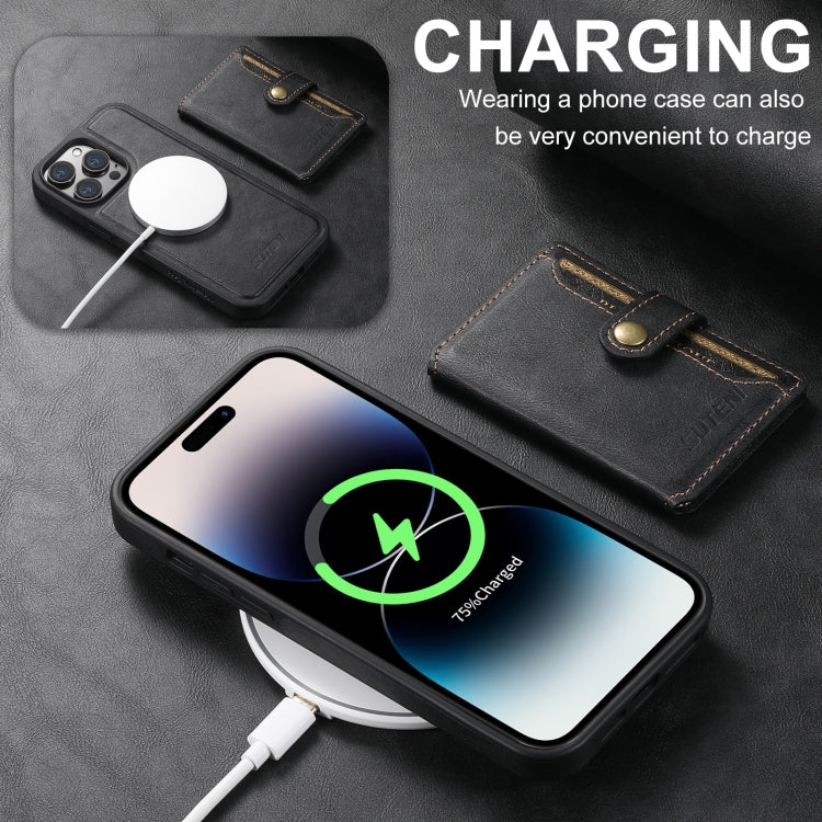 For iPhone 16 Pro Suteni M1 Oil Wax MagSafe Detachable Horizontal Card Bag Phone Case(Black)