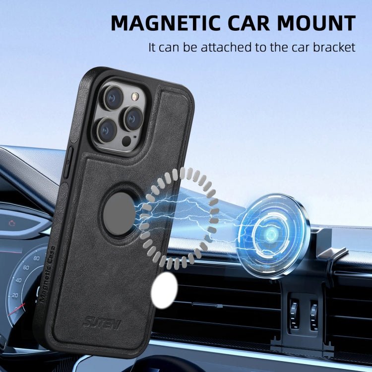 For iPhone 16 Plus Suteni M1 Oil Wax MagSafe Detachable Horizontal Card Bag Phone Case(Black)