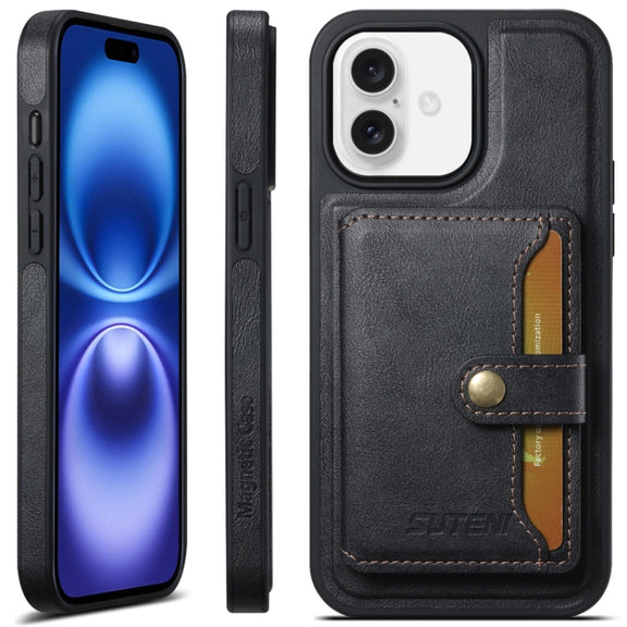 For iPhone 16 Plus Suteni M1 Oil Wax MagSafe Detachable Horizontal Card Bag Phone Case(Black)
