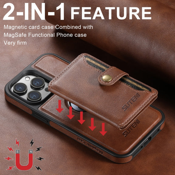 For iPhone 16 Plus Suteni M1 Oil Wax MagSafe Detachable Horizontal Card Bag Phone Case(Brown)
