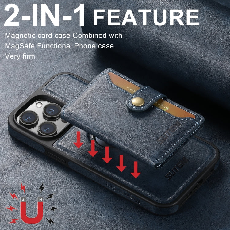 For iPhone 16 Pro Max Suteni M1 Oil Wax MagSafe Detachable Horizontal Card Bag Phone Case(Blue)