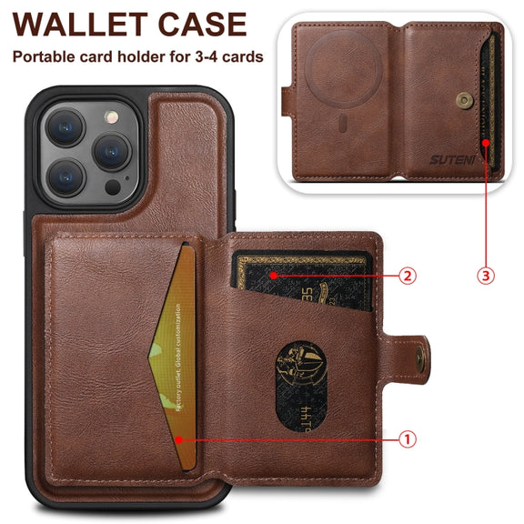 For iPhone 15 Plus Suteni M1 Oil Wax MagSafe Detachable Horizontal Card Bag Phone Case(Blue)