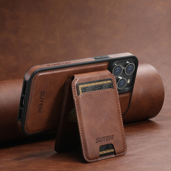 For iPhone 15 Plus Suteni M2 Oil Wax MagSafe Horizontal Card Bag Phone Case(Brown)