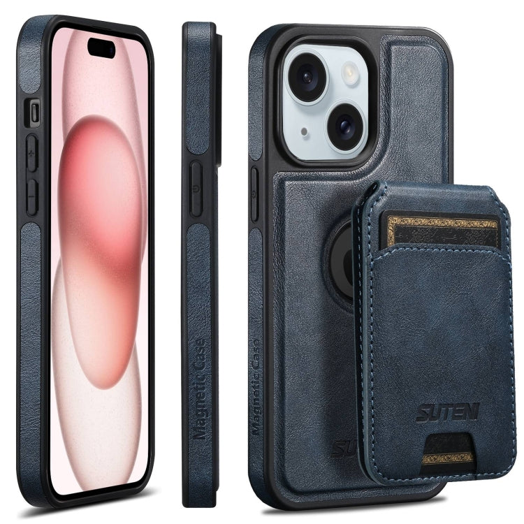 For iPhone 15 Plus Suteni M2 Oil Wax MagSafe Horizontal Card Bag Phone Case(Blue)