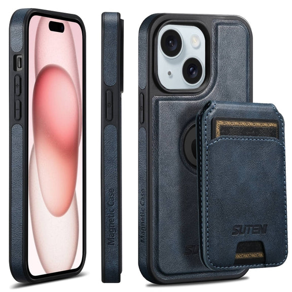 For iPhone 15 Suteni M2 Oil Wax MagSafe Horizontal Card Bag Phone Case(Blue)