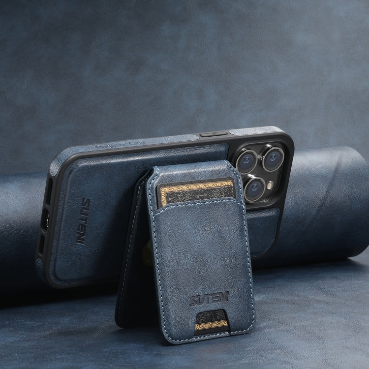 For iPhone 14 Plus Suteni M2 Oil Wax MagSafe Horizontal Card Bag Phone Case(Blue)