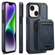 For iPhone 14 Plus Suteni M2 Oil Wax MagSafe Horizontal Card Bag Phone Case(Blue)