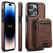 For iPhone 14 Pro Suteni M2 Oil Wax MagSafe Horizontal Card Bag Phone Case(Brown)